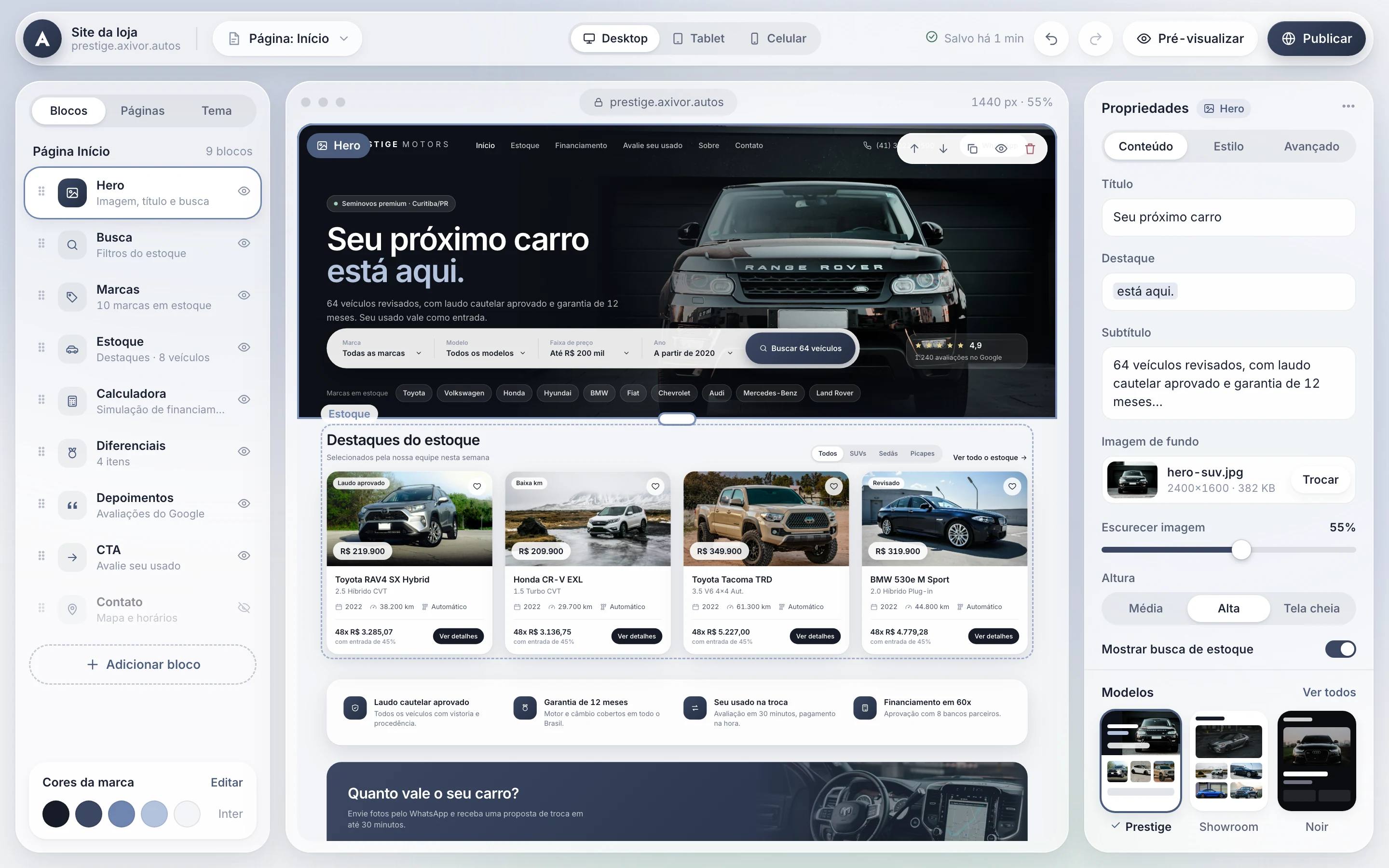 Builder visual do site: lista de blocos, prévia do site da revenda e propriedades do bloco selecionado