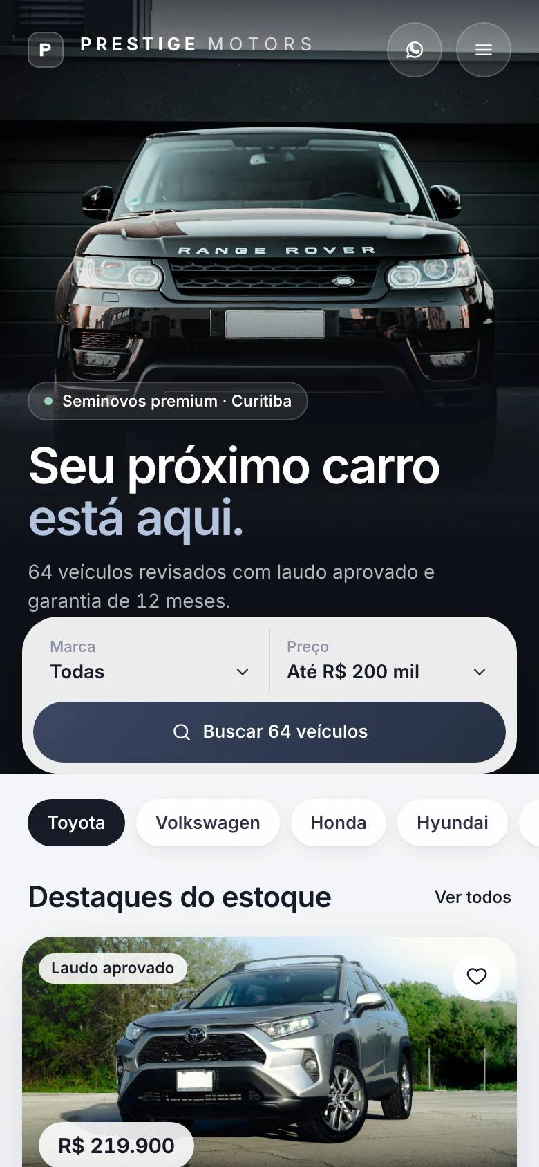 Builder visual com blocos, prévia do site e painel de propriedades no celular