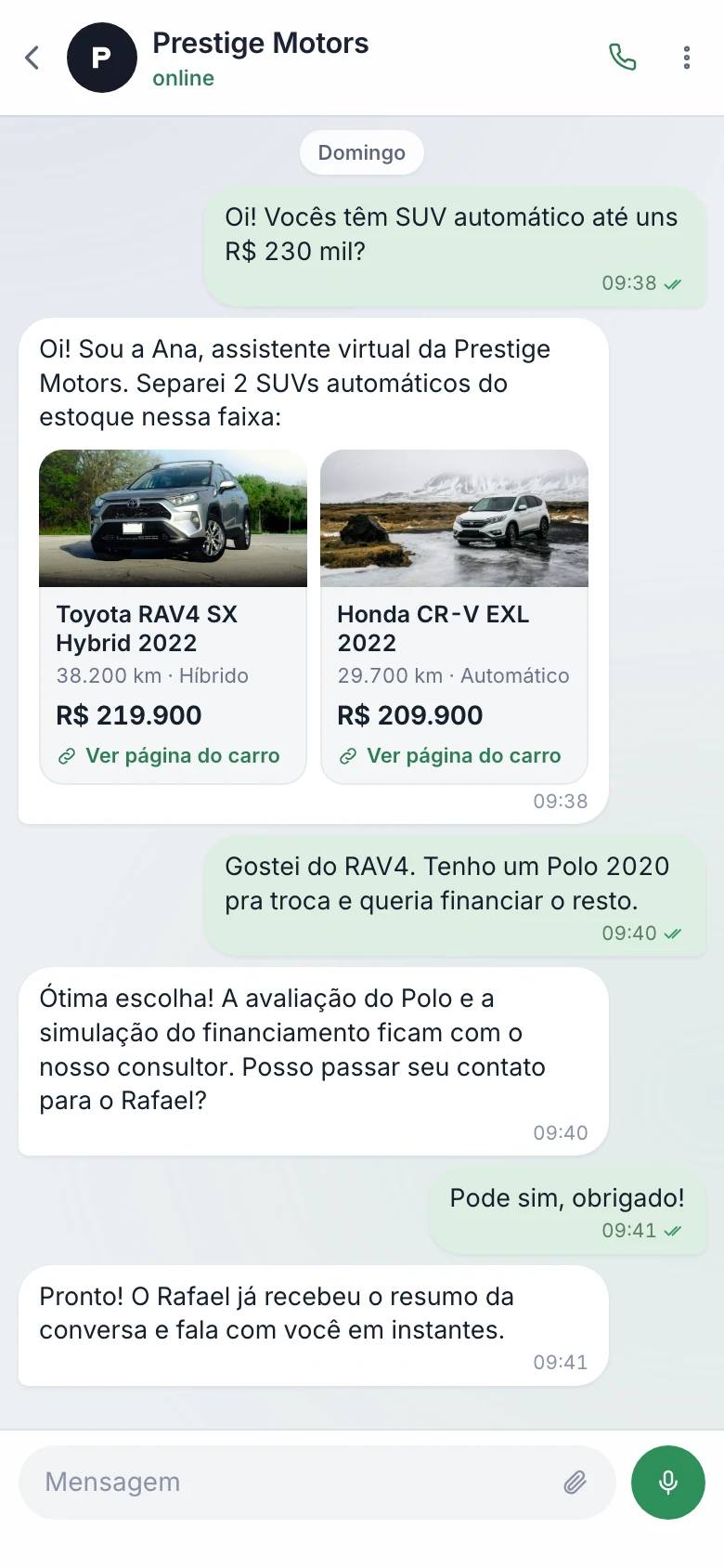 Tela Conversas com atendimentos do site e do WhatsApp, a conversa do agente de IA e a ficha do lead no celular