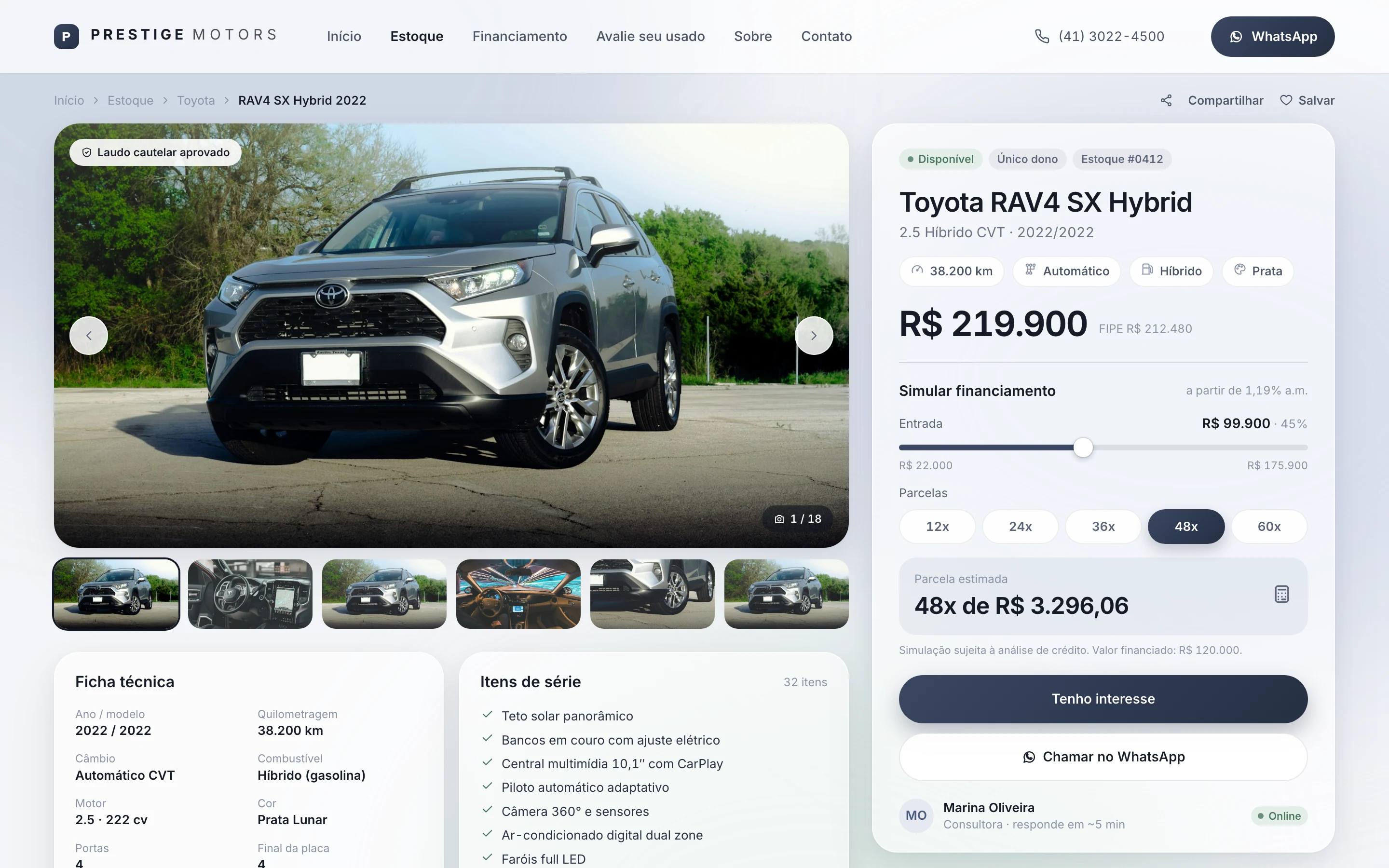 Página do veículo com galeria, preço, simulação de financiamento e botões de interesse e WhatsApp